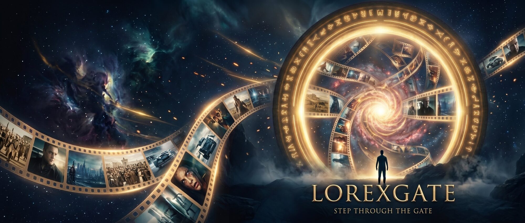 Golden film reels sweep through space into a glowing rune-ringed portal, where a lone traveller stands